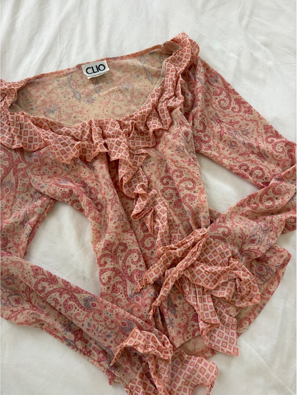 Clio pink sheer ruffle tie front blouse